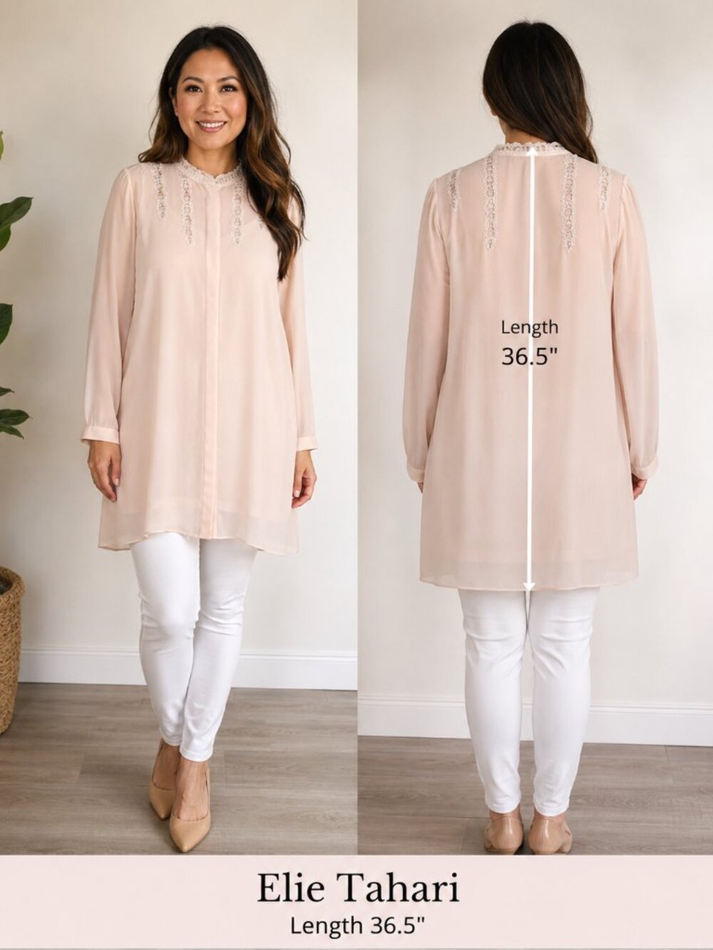 Elie Tahari 100% Silk Blush Pink Cutwork Embroidery Long Sleeve Tunic Top Size L